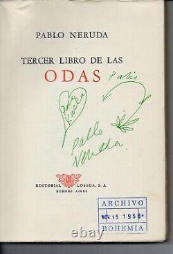 PABLO NERUDA SIGNED BOOK FIRST EDITION ODAS POEMS with Drawing US literature